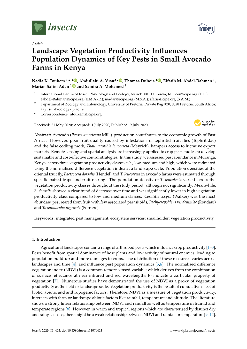 Landscape Vegetation Productivity Influences Population Dynamics Of