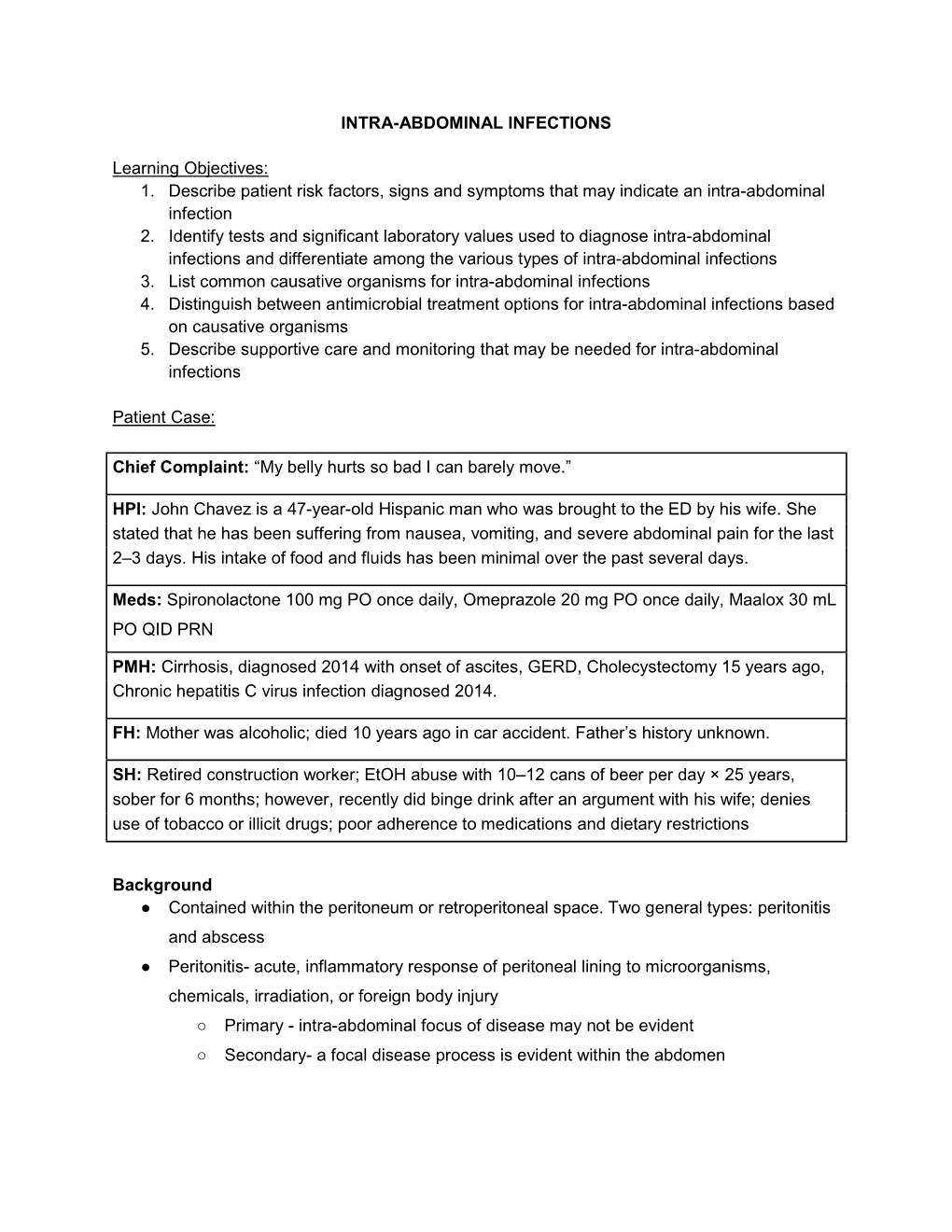 INTRA-ABDOMINAL INFECTIONS Learning Objectives