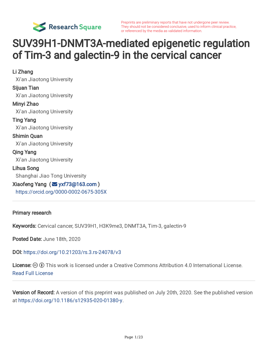 SUV39H1-DNMT3A-Mediated Epigenetic Regulation of Tim-3 and Galectin-9 in the Cervical Cancer