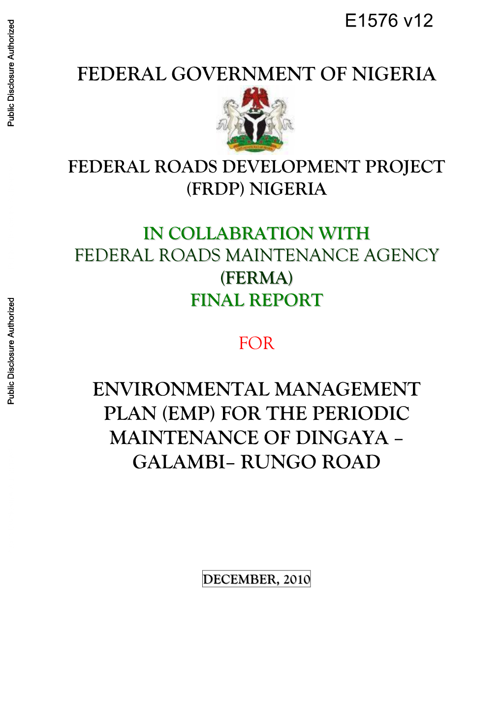 FEDERAL GOVERNMENT of NIGERIA Public Disclosure Authorized