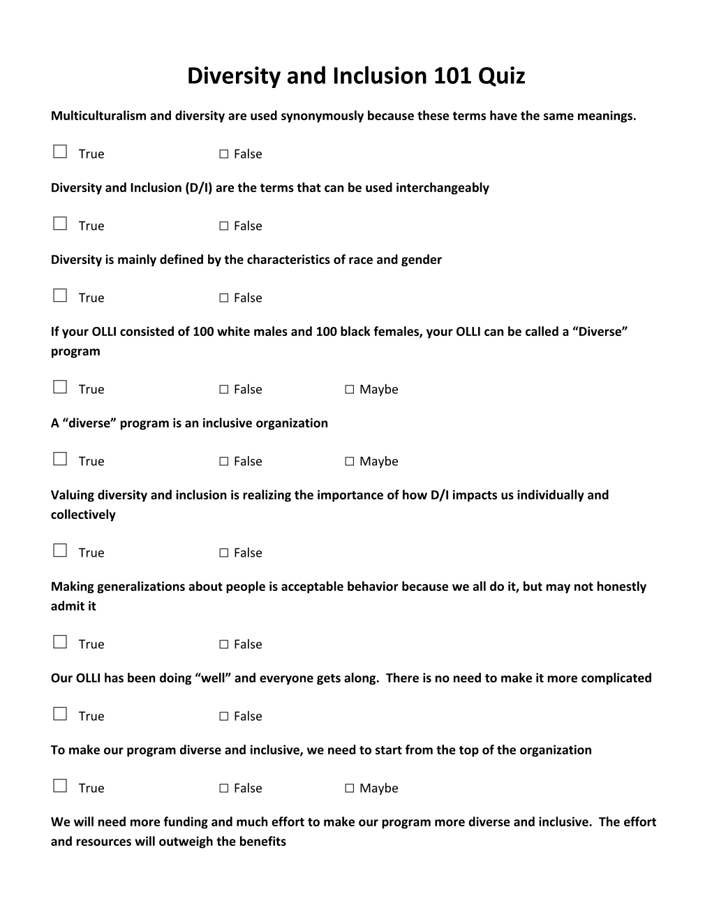 Diversity and Inclusion 101 Quiz