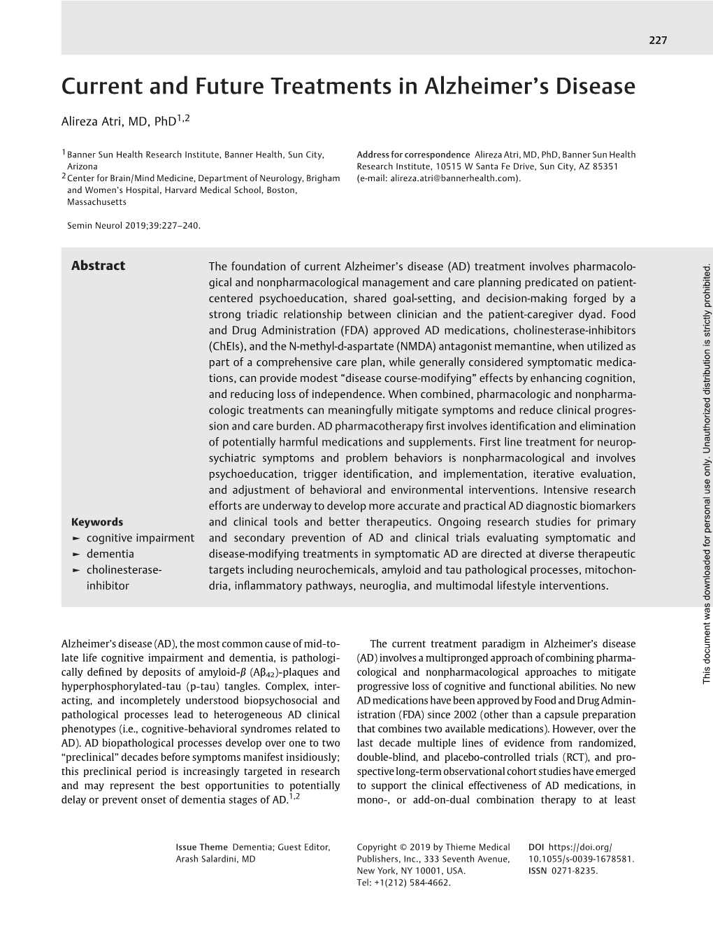 Current and Future Treatments in Alzheimer's Disease