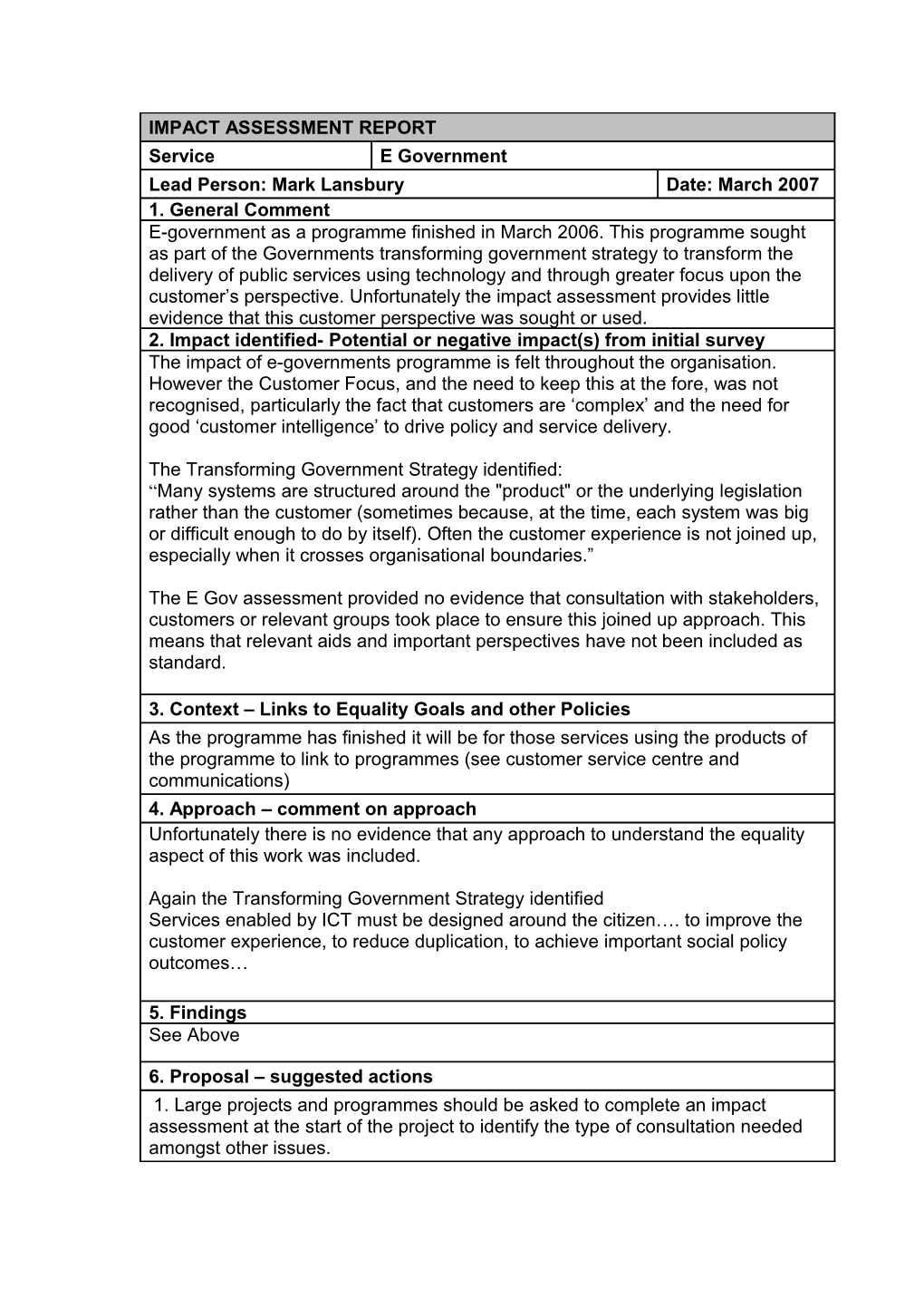 Impact Assessment Report