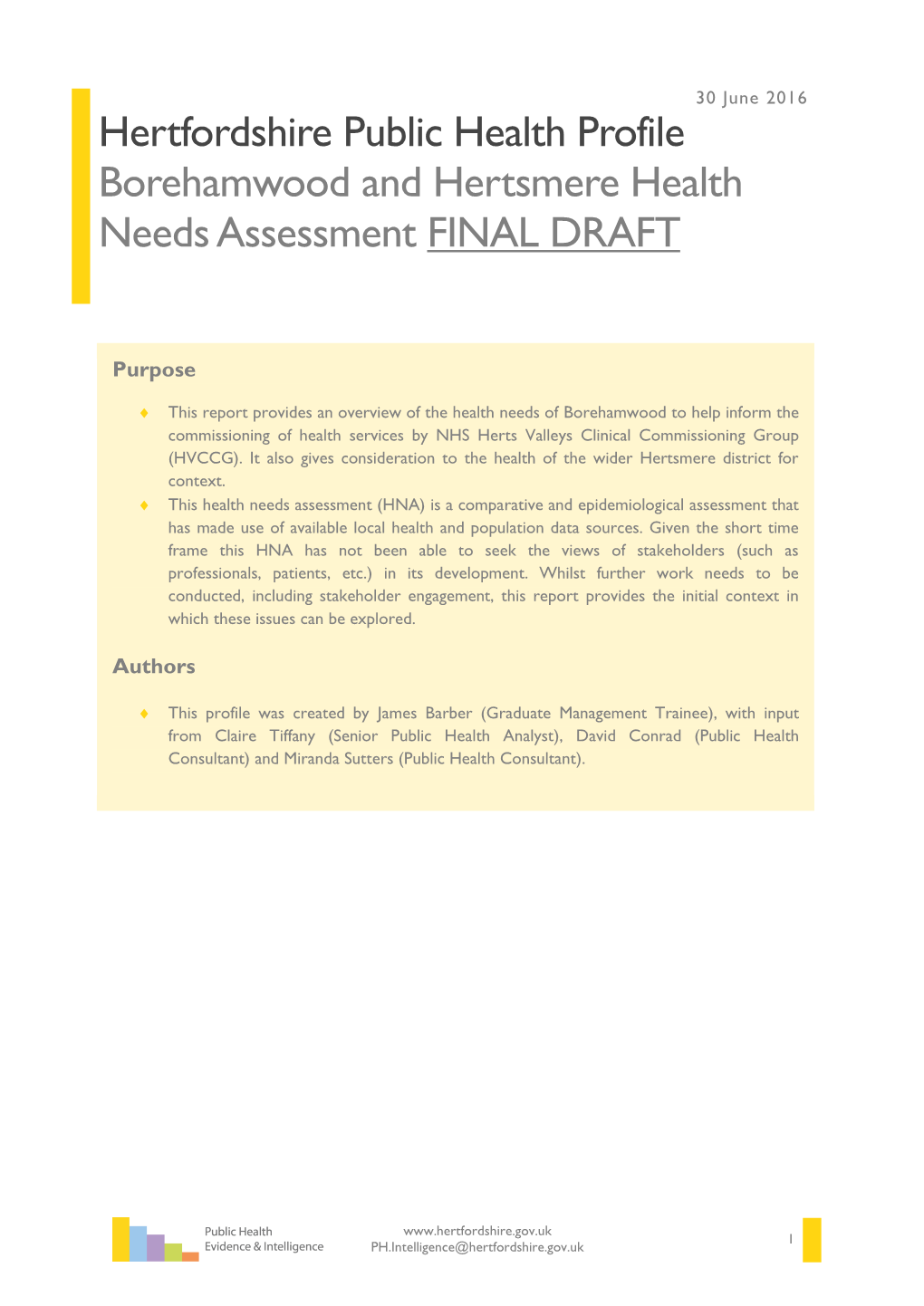 Hertfordshire Public Health Profile Borehamwood and Hertsmere Health Needs Assessment FINAL DRAFT