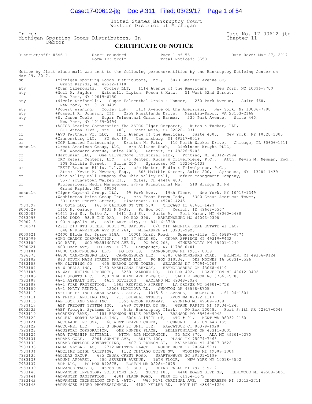 311 Filed: 03/29/17 Page 1 of 54 United States Bankruptcy Court Western District of Michigan in Re: Case No