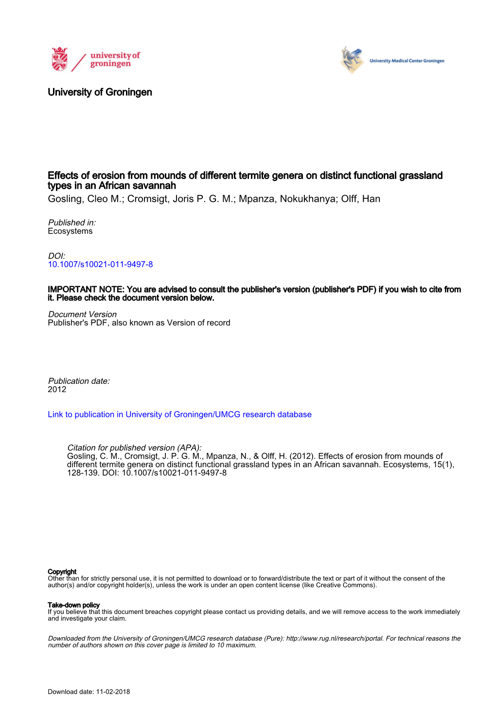 University of Groningen Effects of Erosion from Mounds of Different