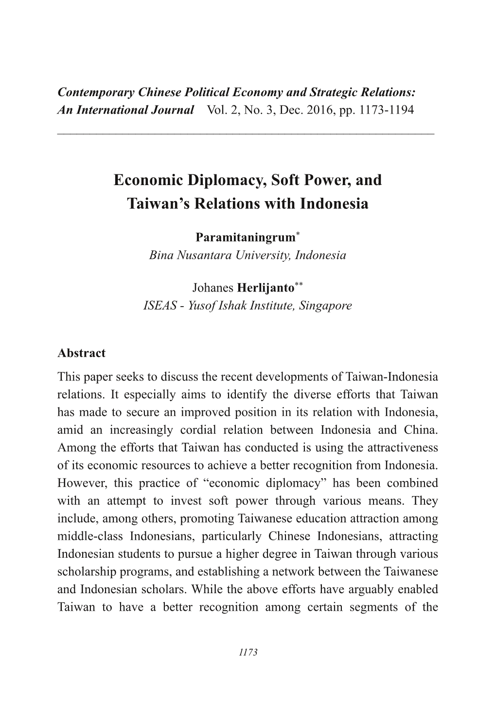 Economic Diplomacy, Soft Power, and Taiwan's Relations with Indonesia