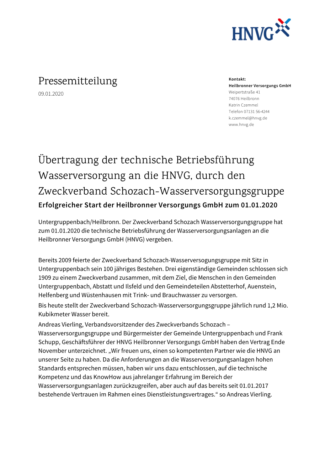 Pressemitteilung Heilbronner Versorgungs Gmbh 09.01.2020 Weipertstraße 41 74076 Heilbronn Katrin Czemmel Telefon 07131 56-4244 K.Czemmel@Hnvg.De