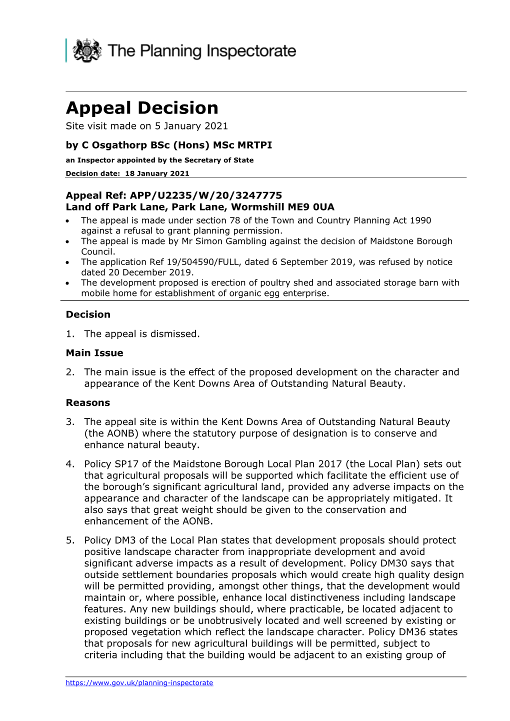 Appeal Decision Site Visit Made on 5 January 2021 by C Osgathorp Bsc (Hons) Msc MRTPI an Inspector Appointed by the Secretary of State Decision Date: 18 January 2021