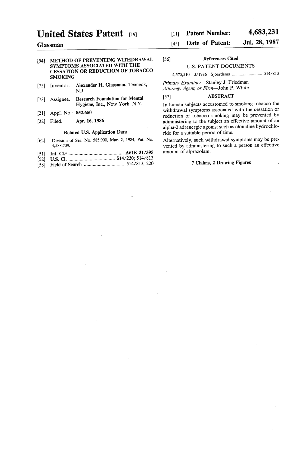 United States Patent (19) 11 Patent Number: 4,683,231 Glassman (45) Date of Patent: Jul