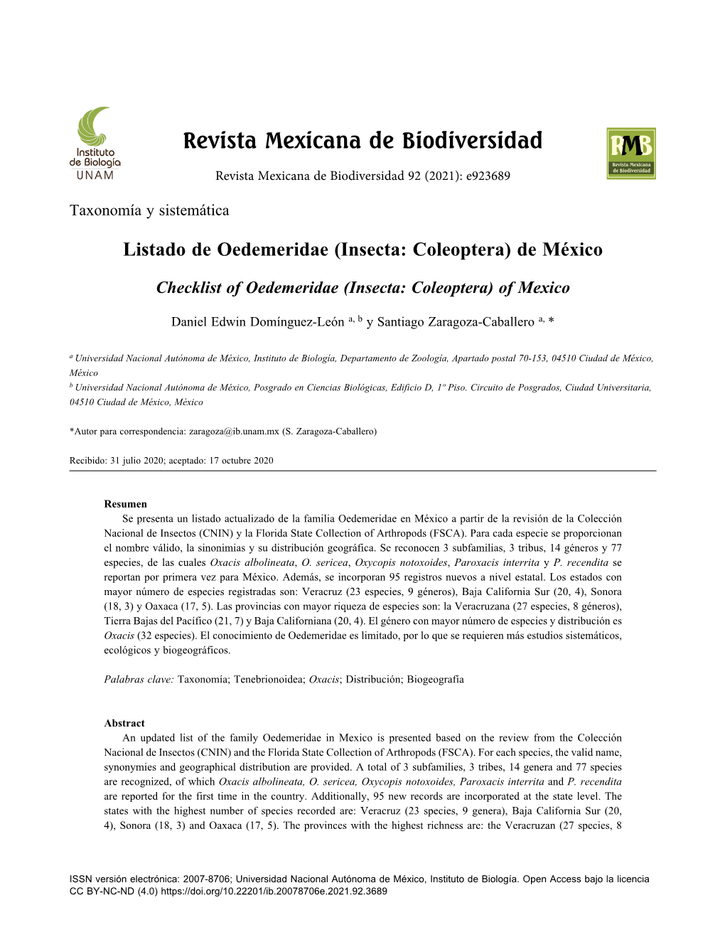 Insecta: Coleoptera) De México