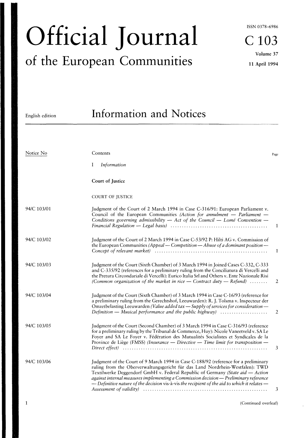 Official Journal C 103 Volume 37 of the European Communities 11 April 1994