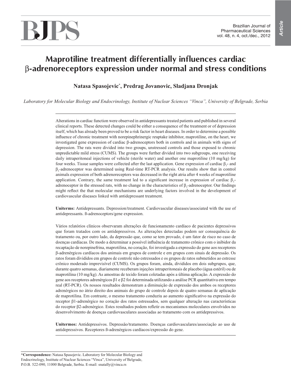 Maprotiline Treatment Differentially Influences Cardiac Β-Adrenoreceptors Expression Under Normal and Stress Conditions