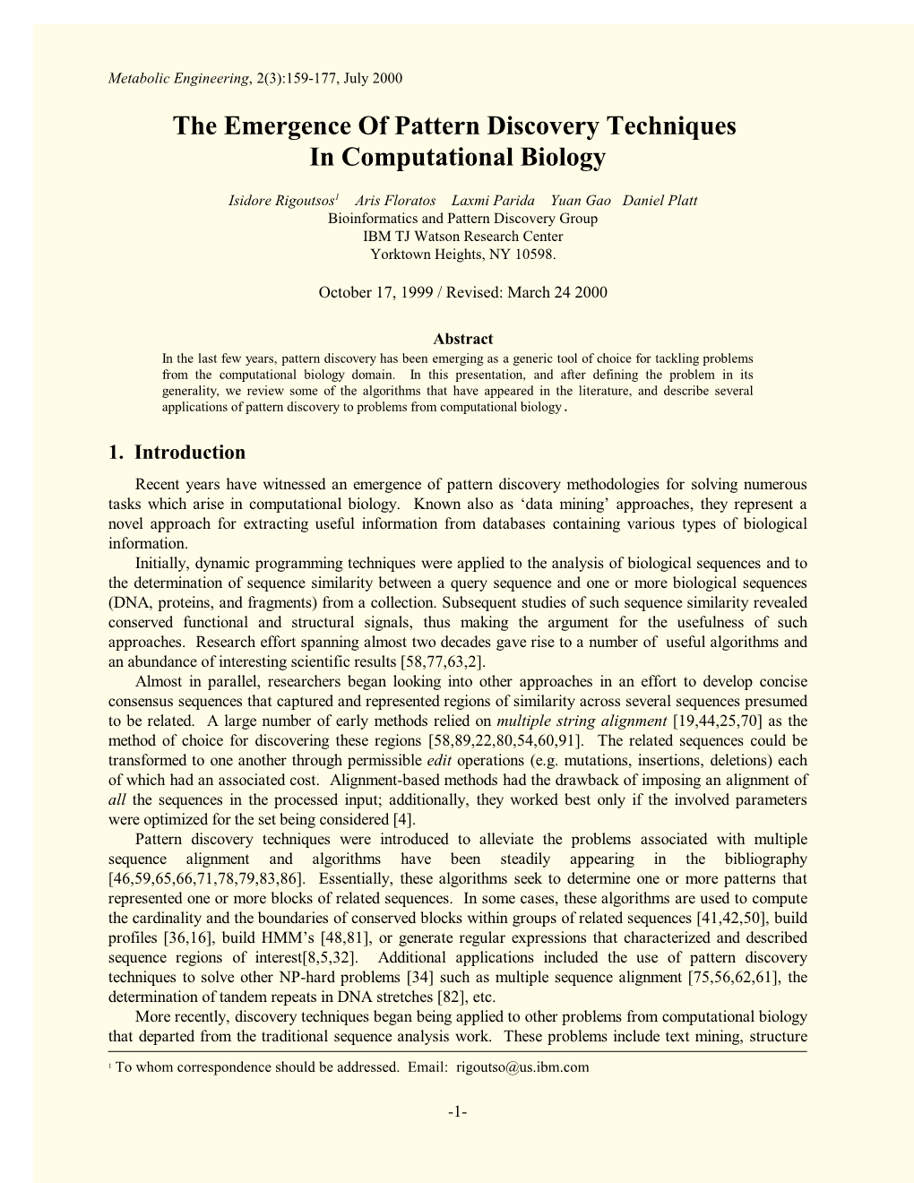 The Emergence of Pattern Discovery Techniques in Computational Biology