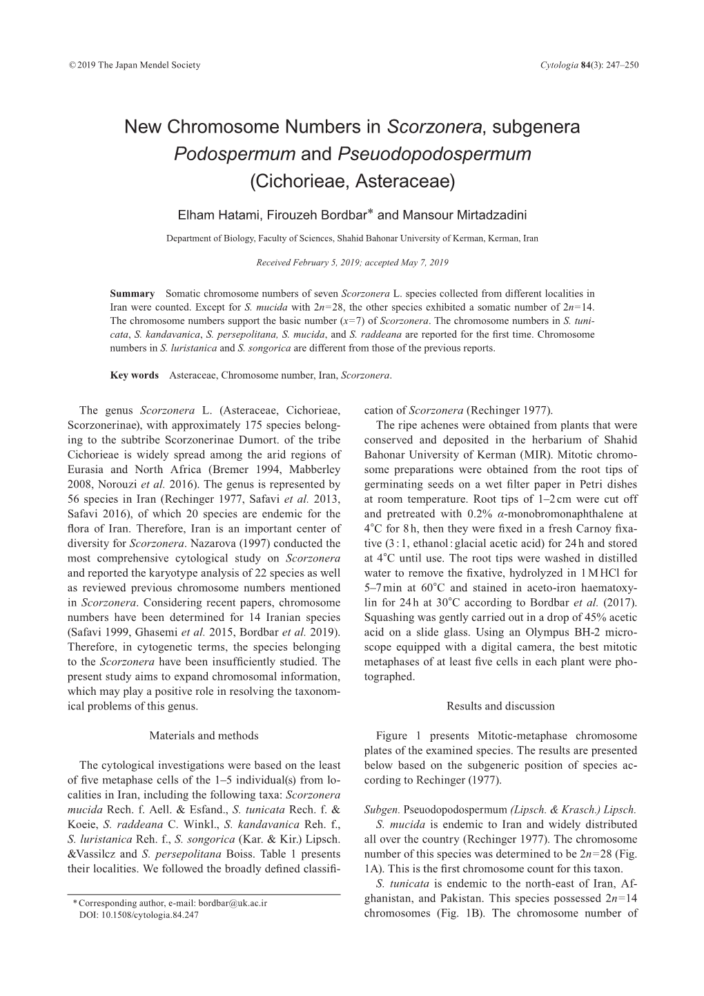 New Chromosome Numbers in Scorzonera, Subgenera Podospermum and Pseuodopodospermum (Cichorieae, Asteraceae)