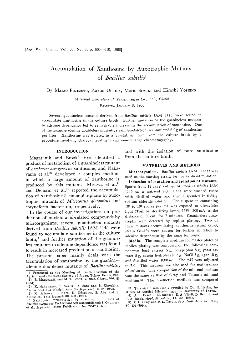 Accumulation of Xanthosine by Auxotrophic Mutants of Bacillus Subtilis ??