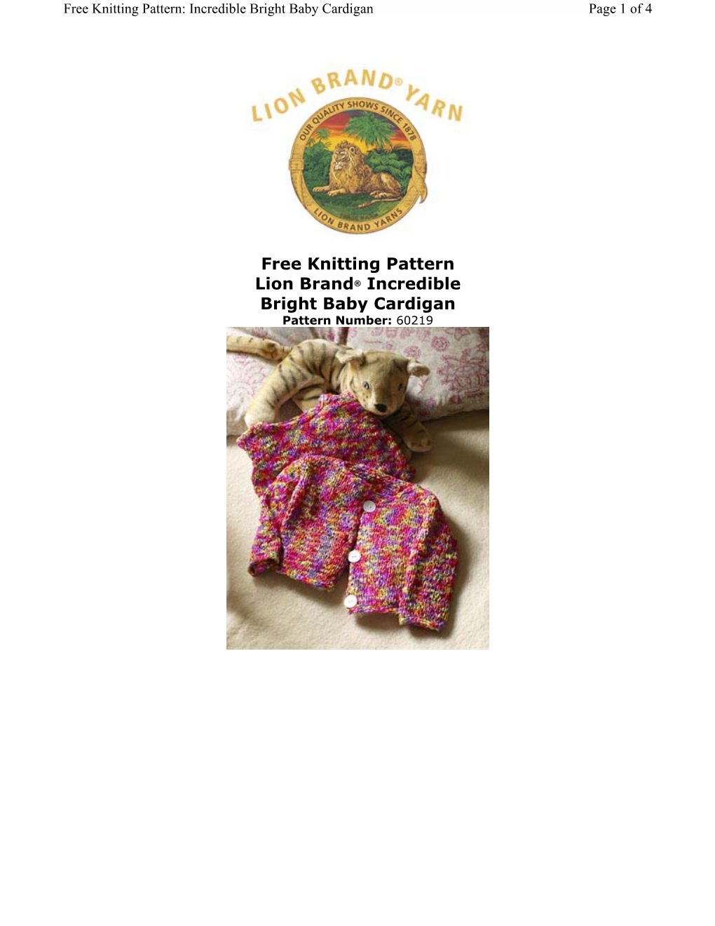 Free Knitting Pattern Lion Brand® Incredible Bright Baby Cardigan Pattern Number: 60219