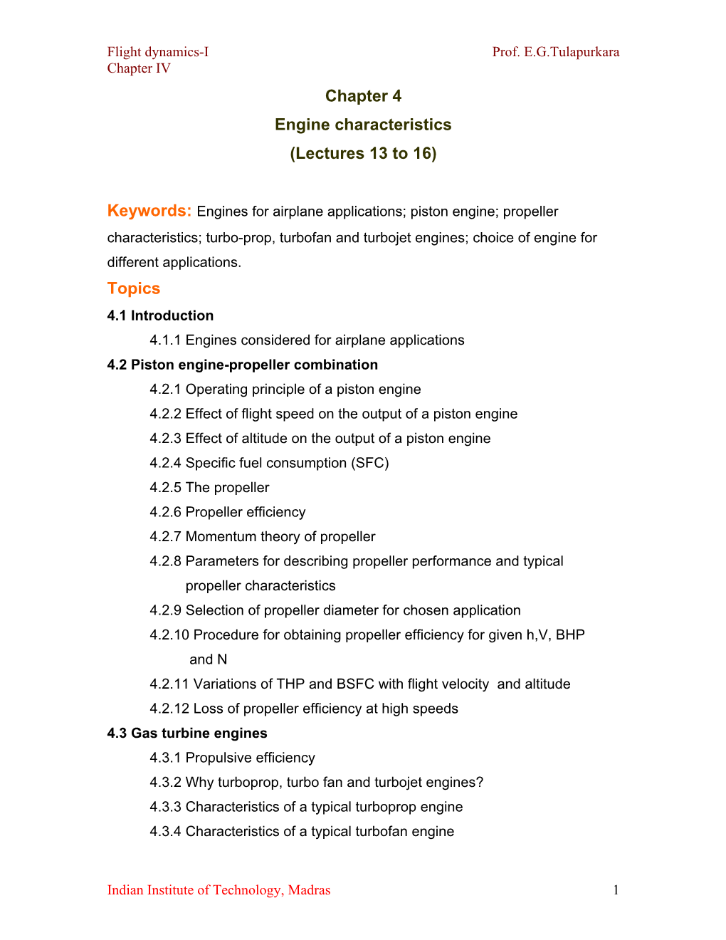 Chapter 4 Engine Characteristics (Lectures 13 to 16) Topics