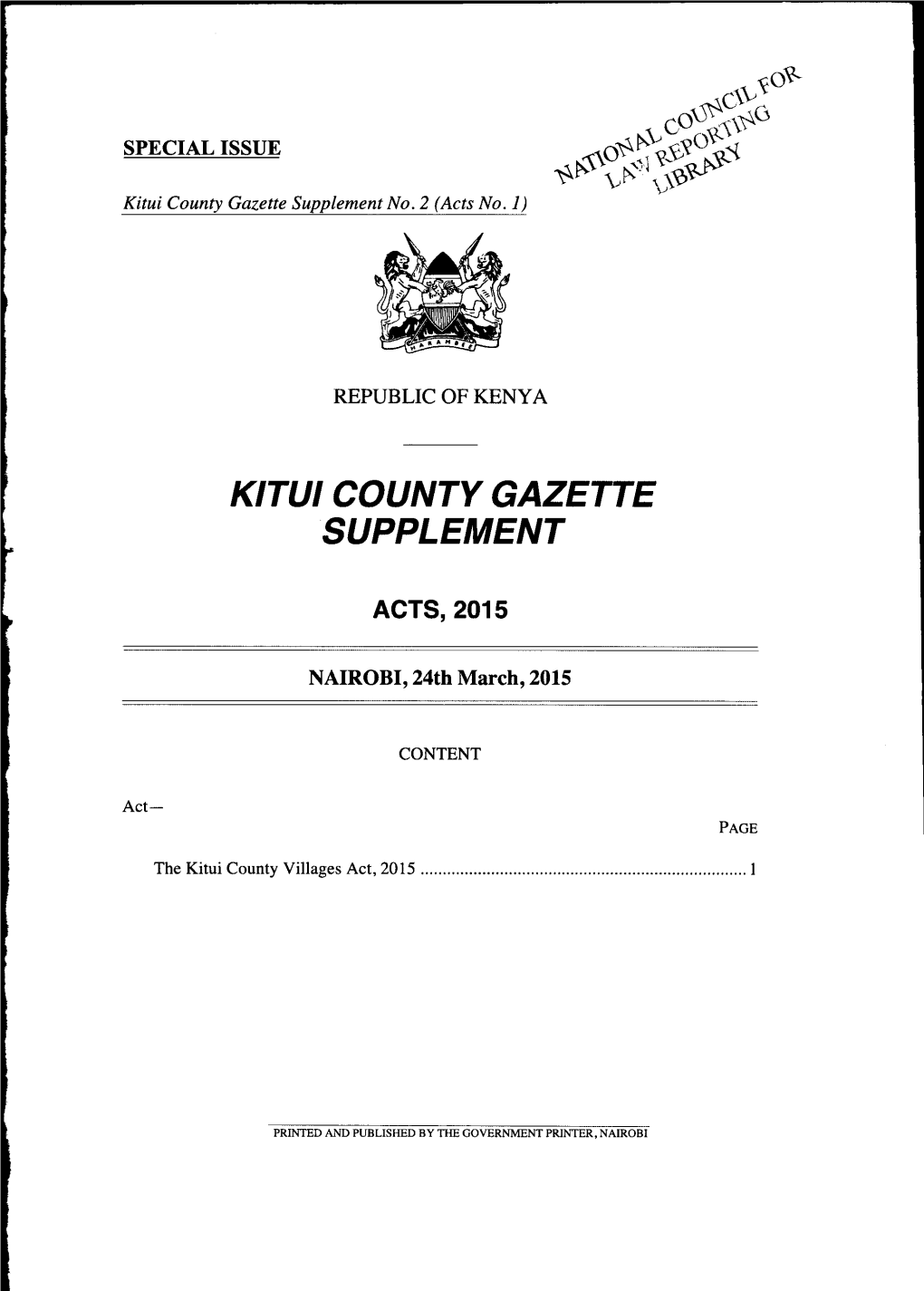 Kitui County Villages Act, 2015