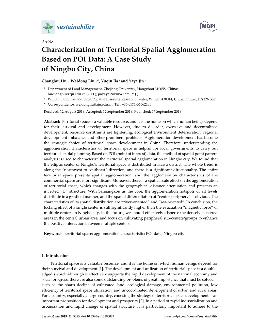 Characterization of Territorial Spatial Agglomeration Based on POI Data: a Case Study of Ningbo City, China