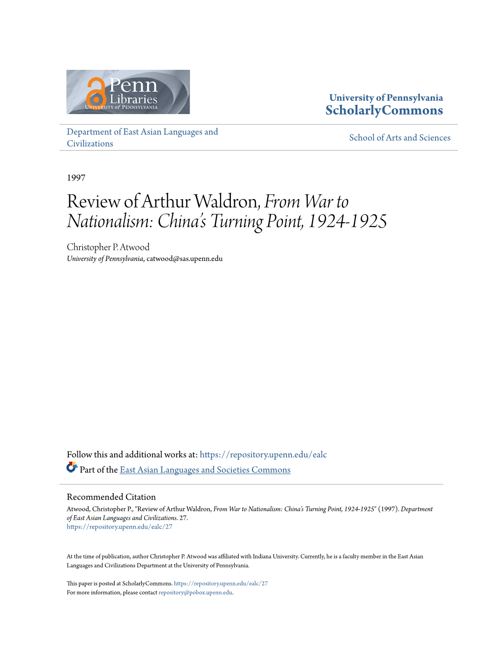 Review of Arthur Waldron, from War to Nationalism: China’S Turning Point, 1924-1925 Christopher P