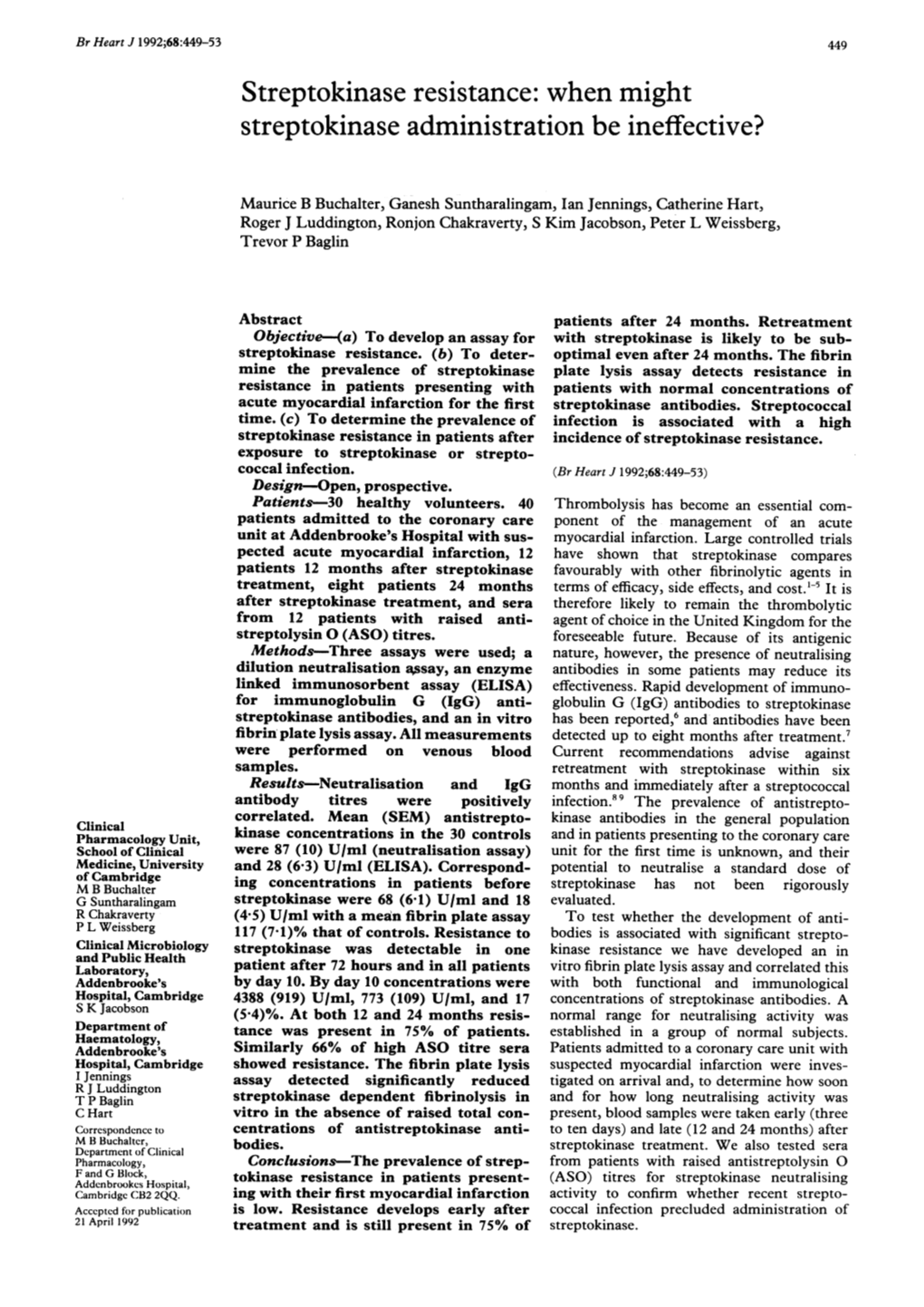 Streptokinase Resistance: When Might Streptokinase Administration Be Ineffective?