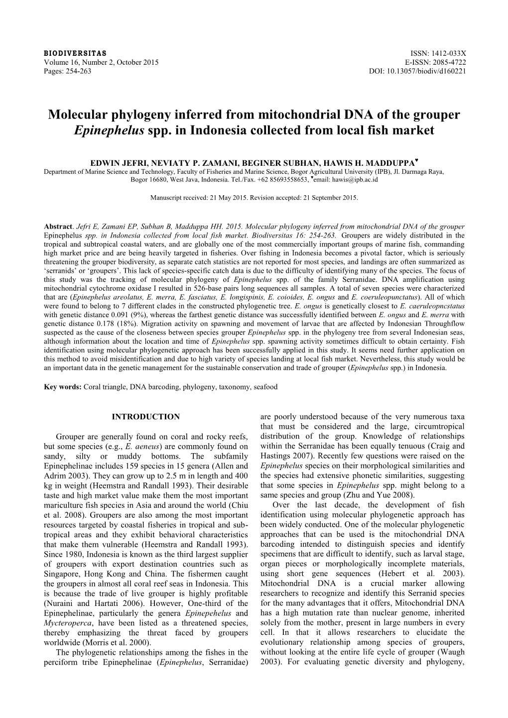 Molecular Phylogeny Inferred from Mitochondrial DNA of the Grouper Epinephelus Spp