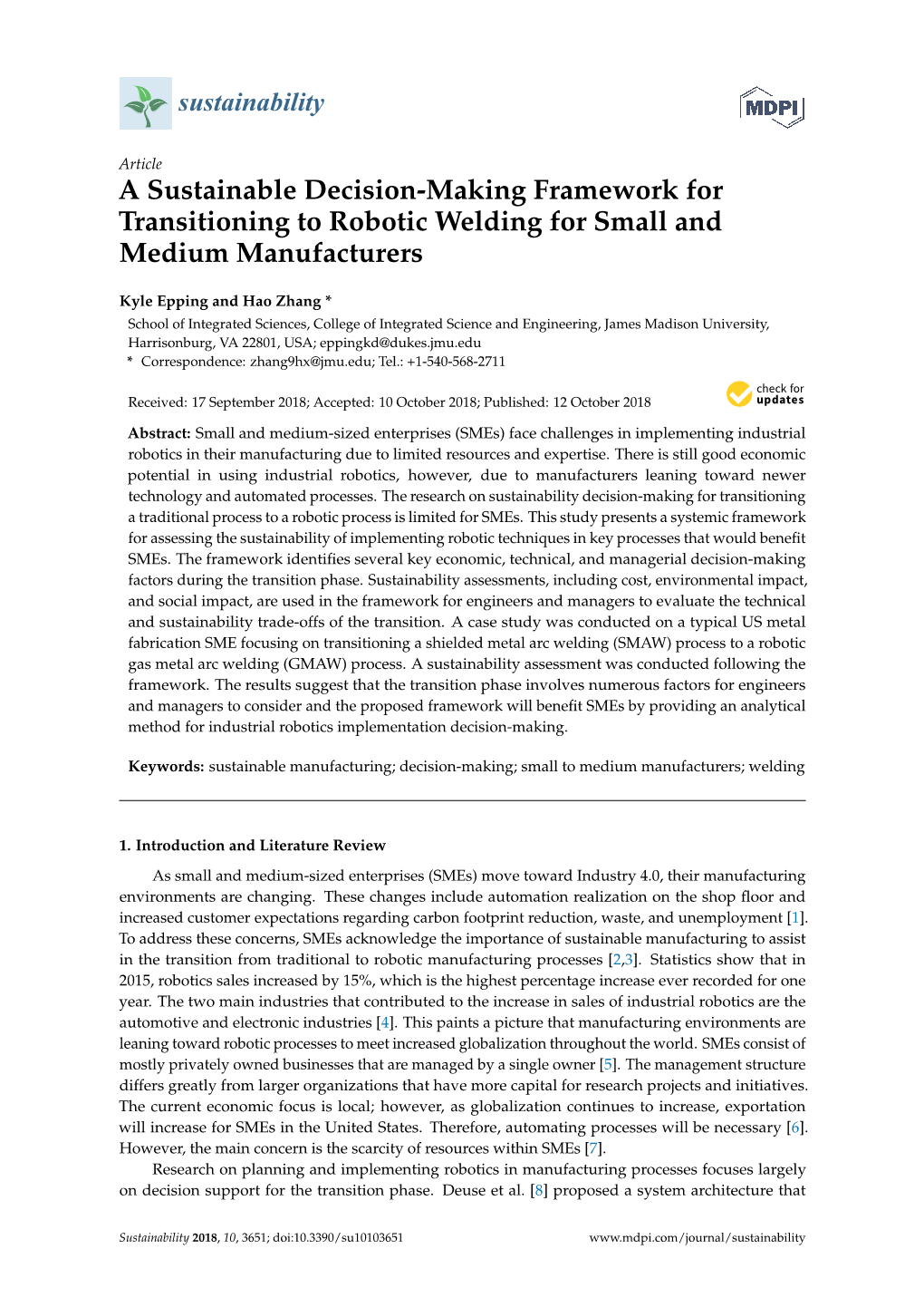 A Sustainable Decision-Making Framework for Transitioning to Robotic Welding for Small and Medium Manufacturers