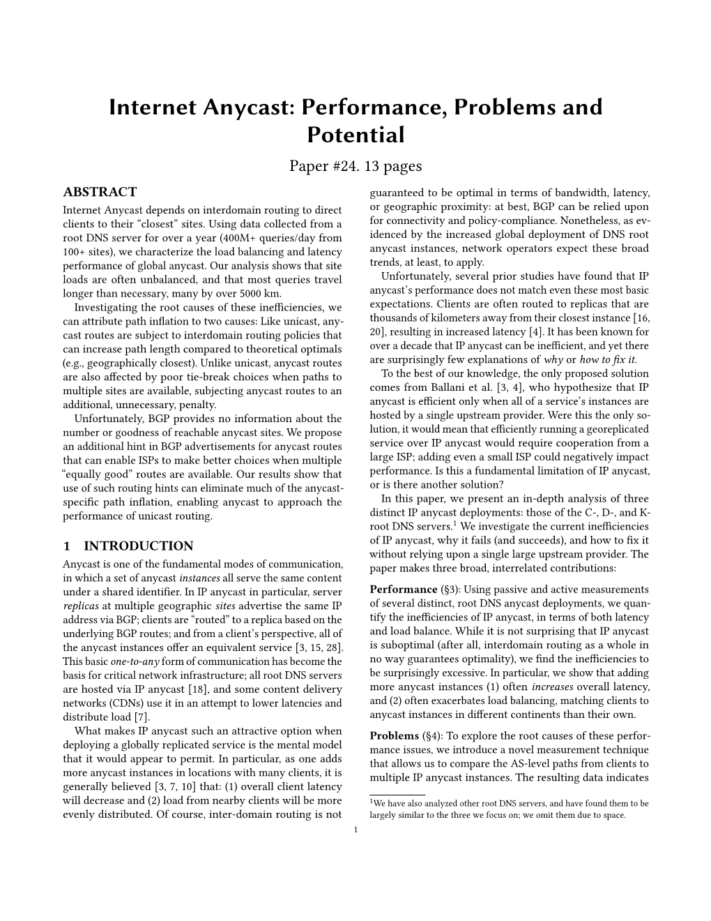Internet Anycast: Performance, Problems and Potential Paper #24