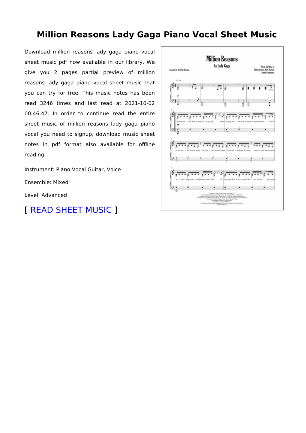 Sheet Music of Million Reasons Lady Gaga Piano Vocal You Need to Signup, Download Music Sheet Notes in Pdf Format Also Available for Offline Reading