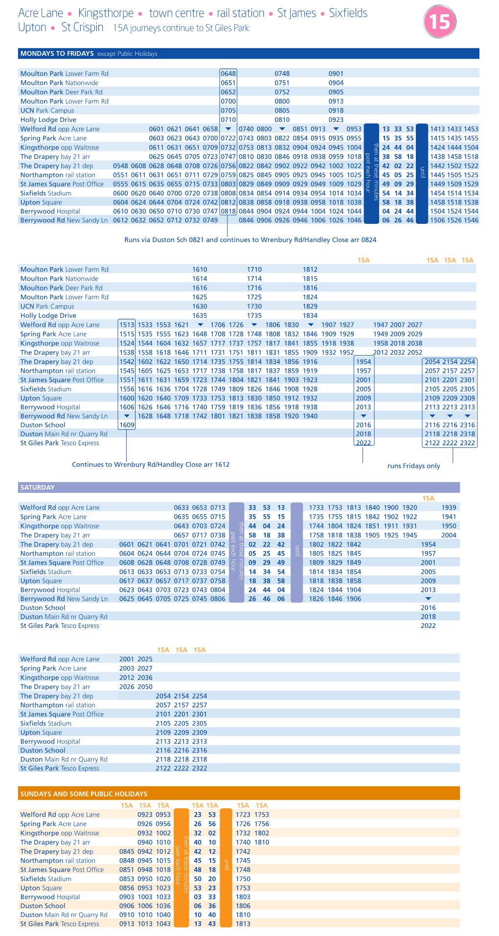 Acre Lane Kingsthorpe Town Centre Rail Station St James Sixfields Upton St Crispin 15A Journeys Continue to St Giles Park