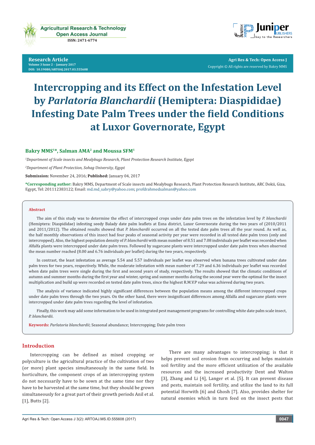 Intercropping and Its Effect on the Infestation Level by Parlatoria Blanchardii (Hemiptera: Diaspididae) Infesting Date Palm