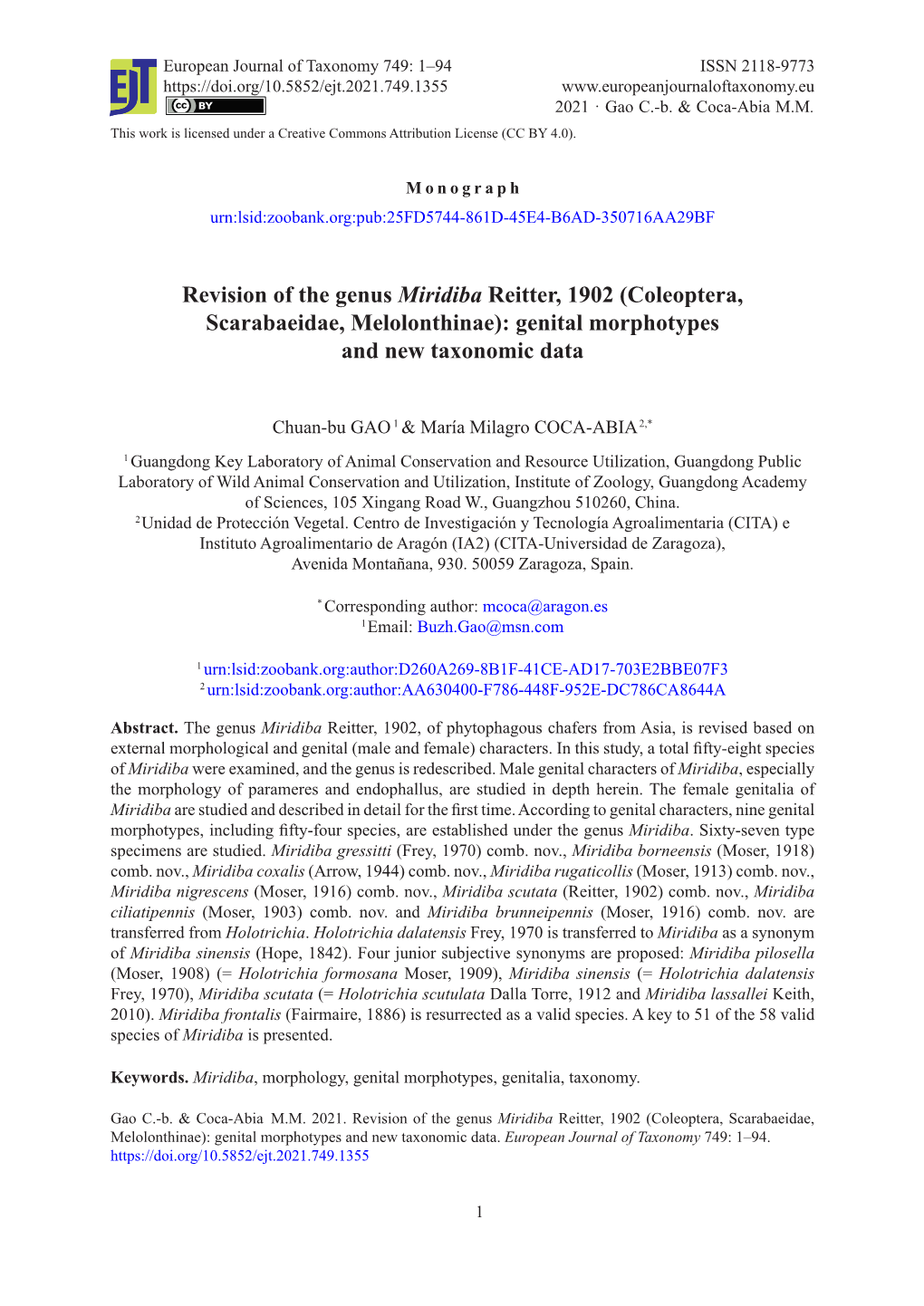 Revision of the Genus Miridiba Reitter, 1902 (Coleoptera, Scarabaeidae, Melolonthinae): Genital Morphotypes and New Taxonomic Data