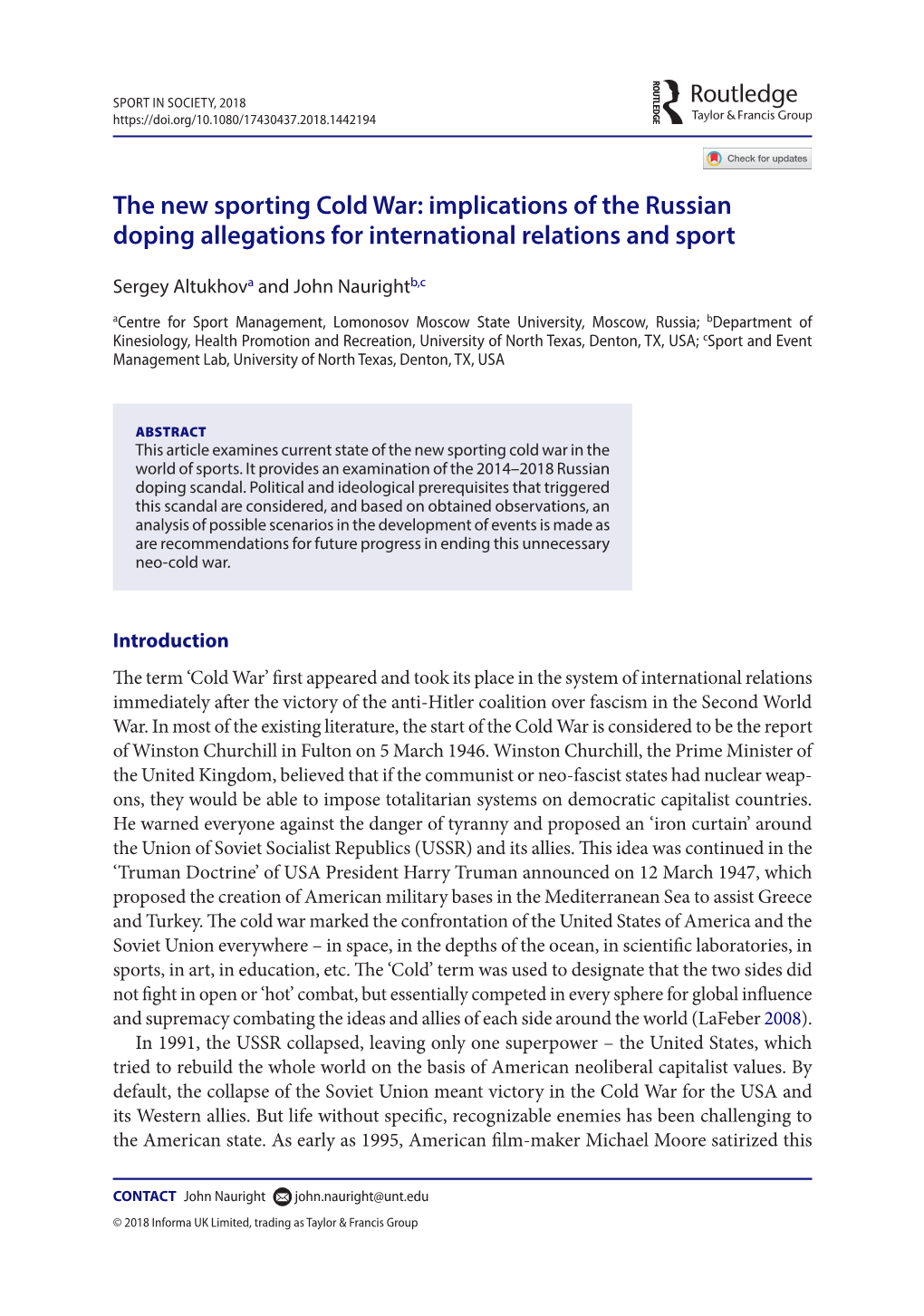 The New Sporting Cold War: Implications of the Russian Doping Allegations for International Relations and Sport