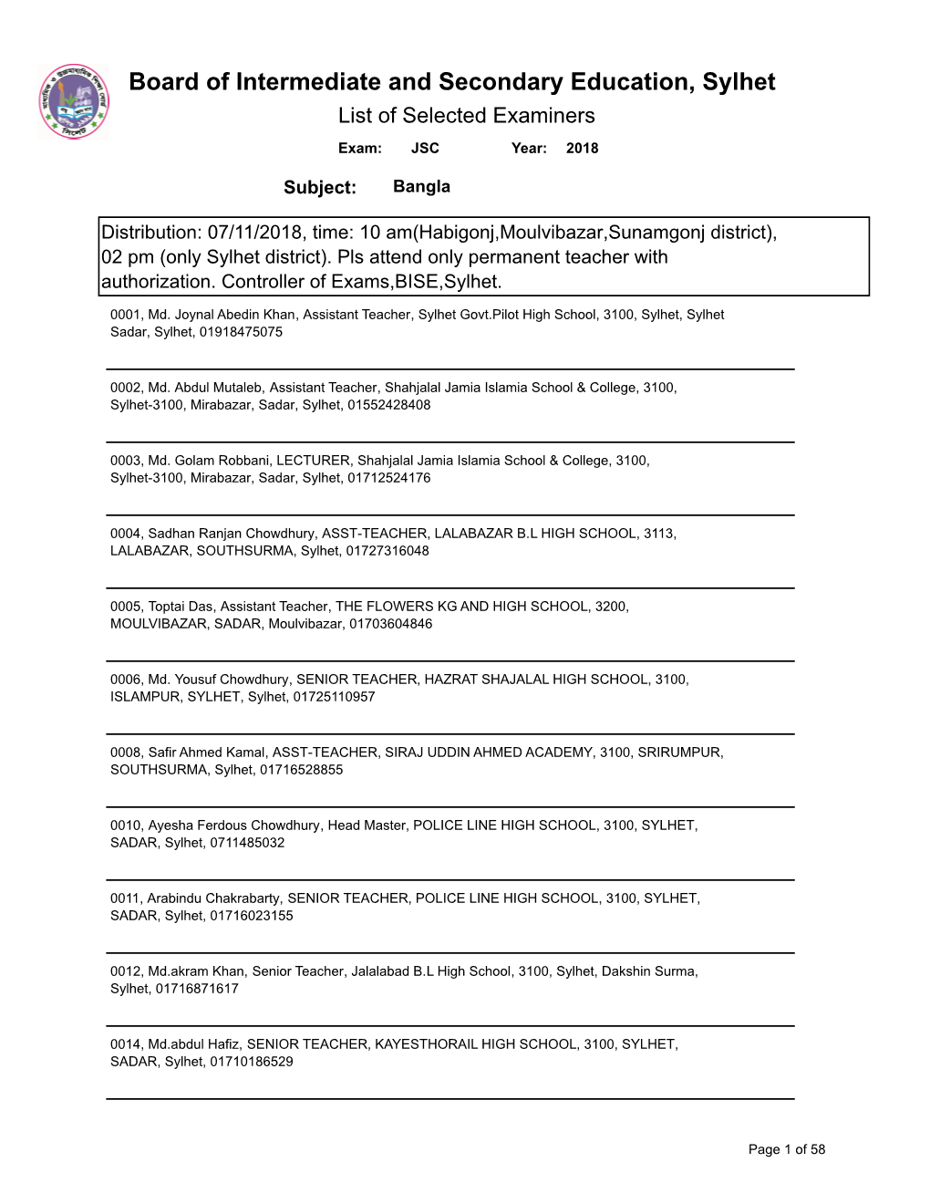 Board of Intermediate and Secondary Education, Sylhet List of Selected Examiners Exam: JSC Year: 2018