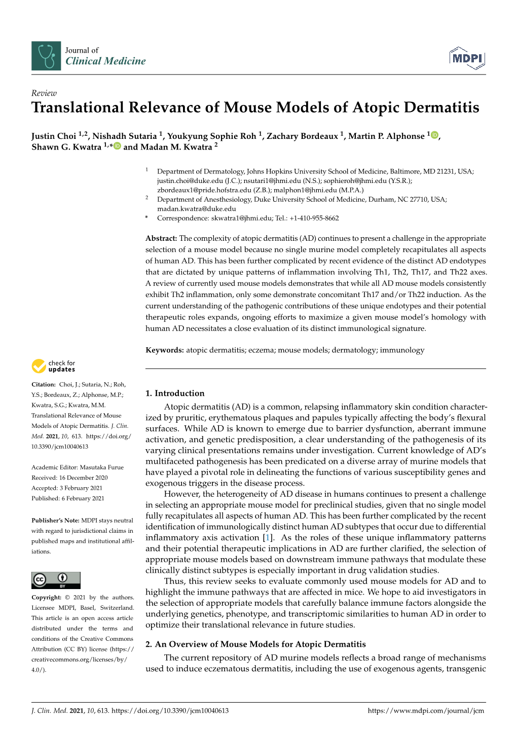 Translational Relevance of Mouse Models of Atopic Dermatitis