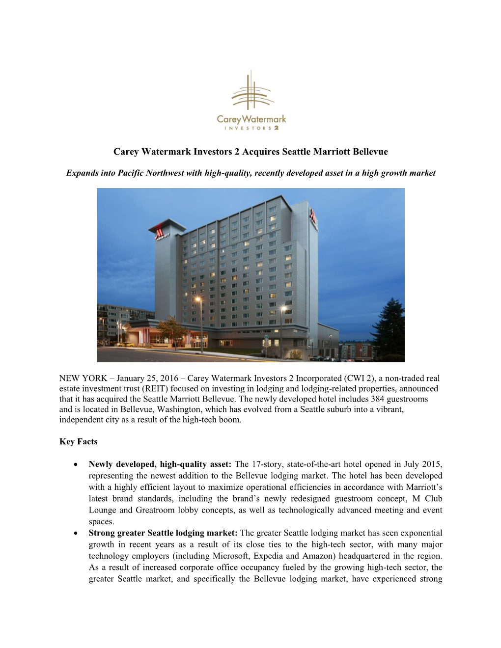 Carey Watermark Investors 2 Acquires Seattle Marriott Bellevue