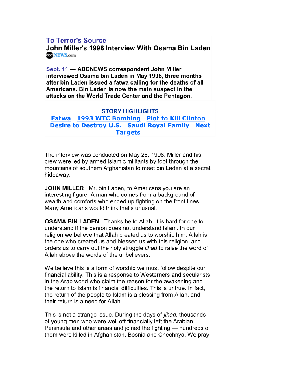 To Terror's Source John Miller's 1998 Interview with Osama Bin Laden