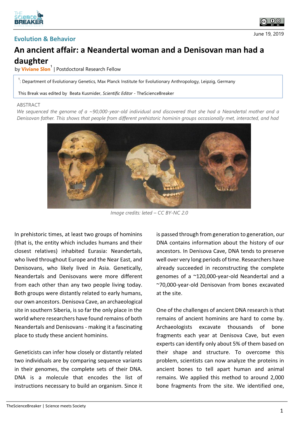 An Ancient Affair: a Neandertal Woman and a Denisovan Man Had a Daughter 1 by Viviane Slon | Postdoctoral Research Fellow