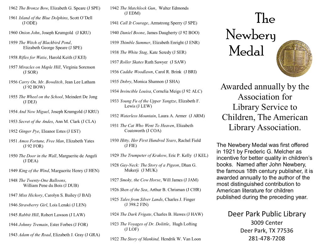 The Newbery Medal Was First Offered in 1921 by Frederic G