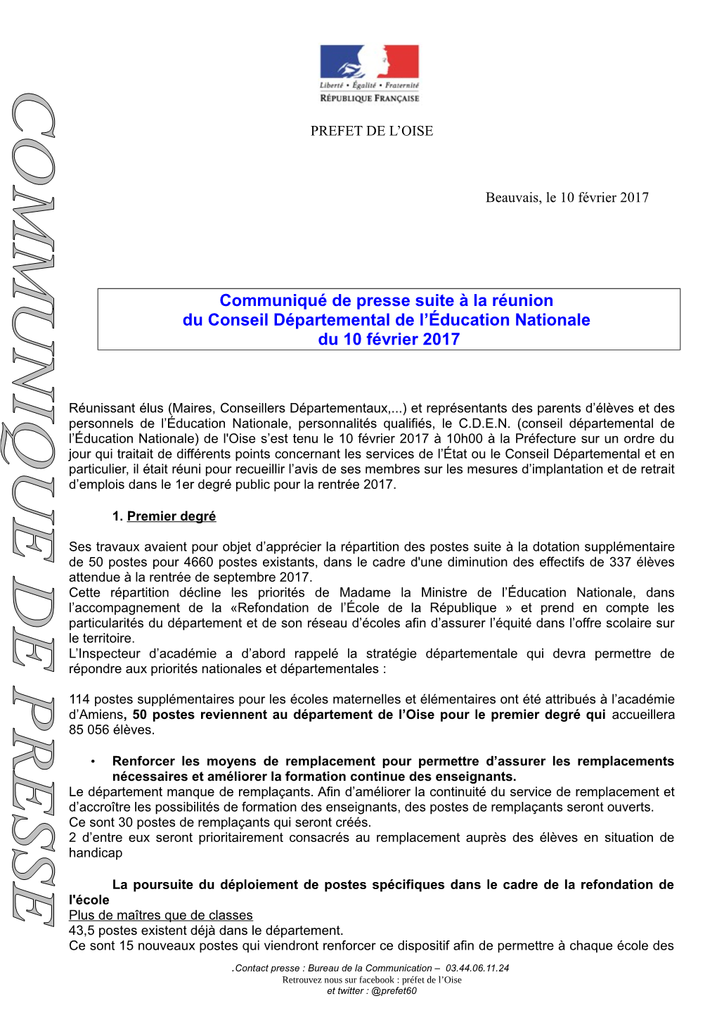 Communiqué De Presse Suite À La Réunion Du Conseil Départemental De L’Éducation Nationale Du 10 Février 2017