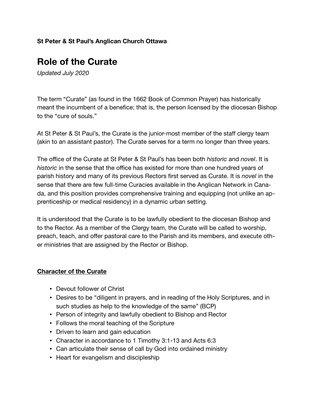 Role of the Curate July 2020