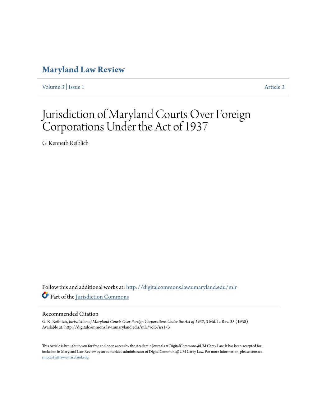 Jurisdiction of Maryland Courts Over Foreign Corporations Under the Act of 1937 G