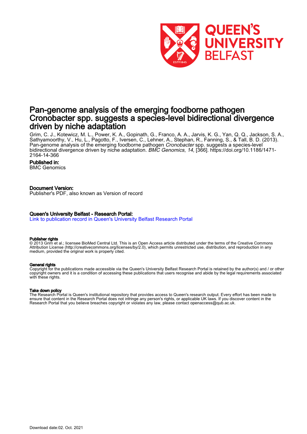 Pan-Genome Analysis of the Emerging Foodborne Pathogen Cronobacter Spp