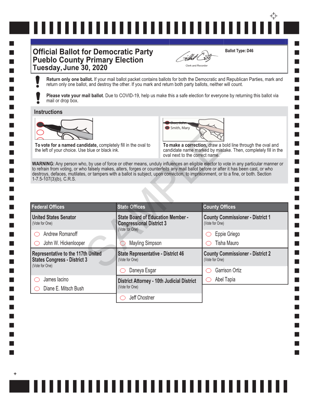 Official Ballot for Democratic Party Pueblo County Primary Election