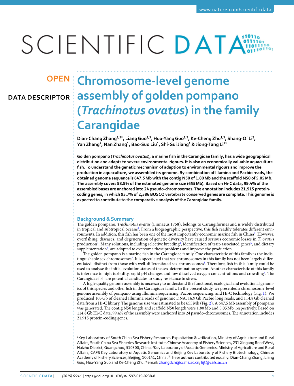 Chromosome-Level Genome Assembly of Golden Pompano