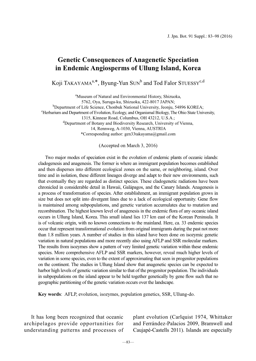 Genetic Consequences of Anagenetic Speciation in Endemic Angiosperms of Ullung Island, Korea