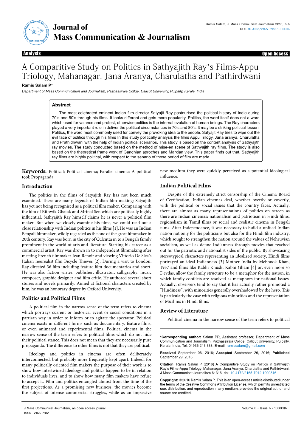 A Comparitive Study on Politics in Sathyajith Ray's Films-Appu Triology, Mahanagar, Jana Aranya, Charulatha and Pathirdwani