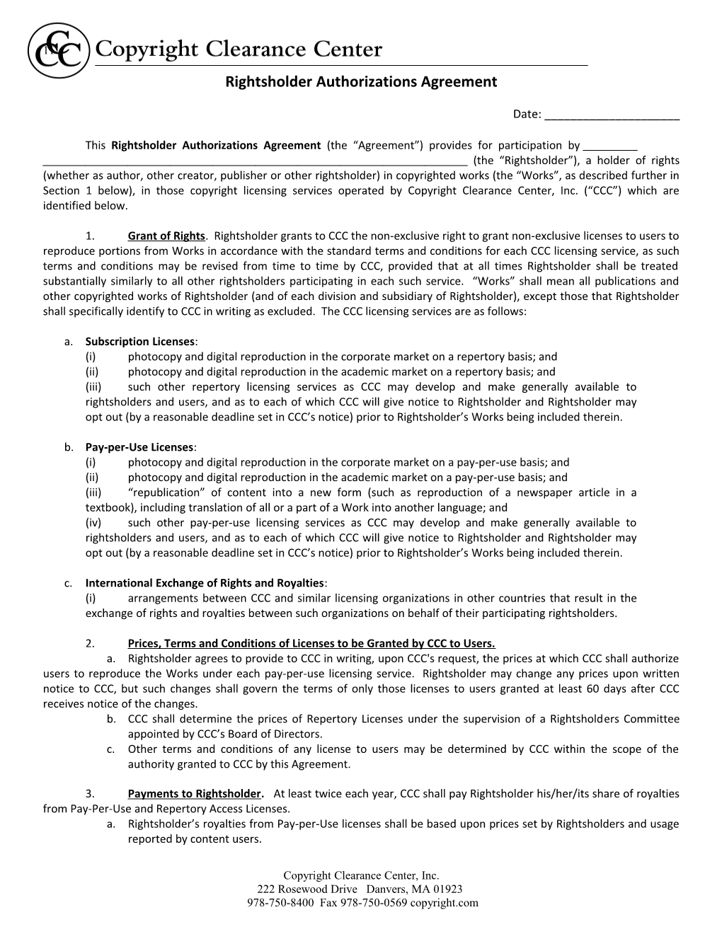 Rightsholder Authorizations Agreement