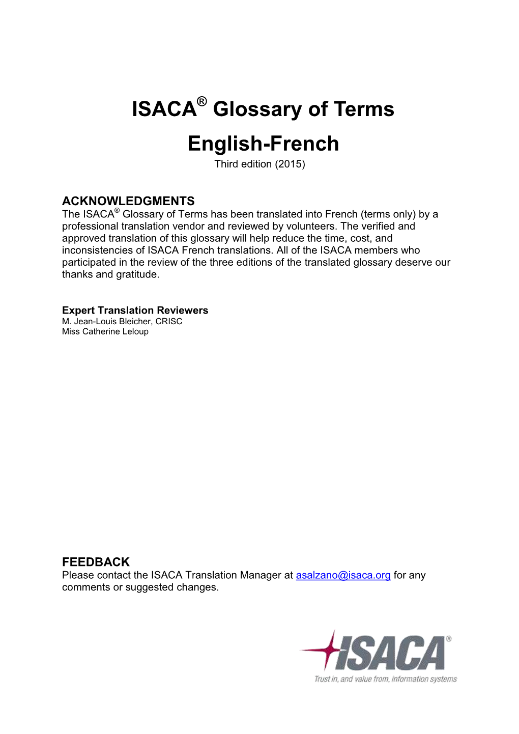 ISACA Glossary of Terms English-French